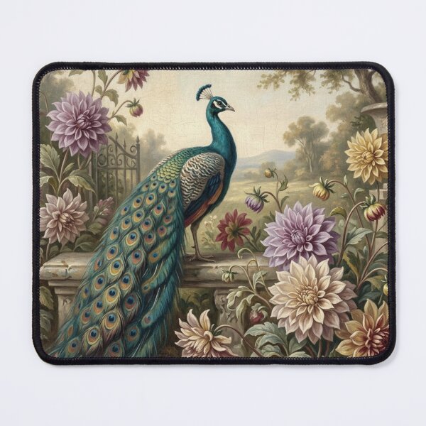 Item preview, Elegant Peacock in Vintage Dahlia Garden Oil Painting designed and sold by Denim Art Studio.