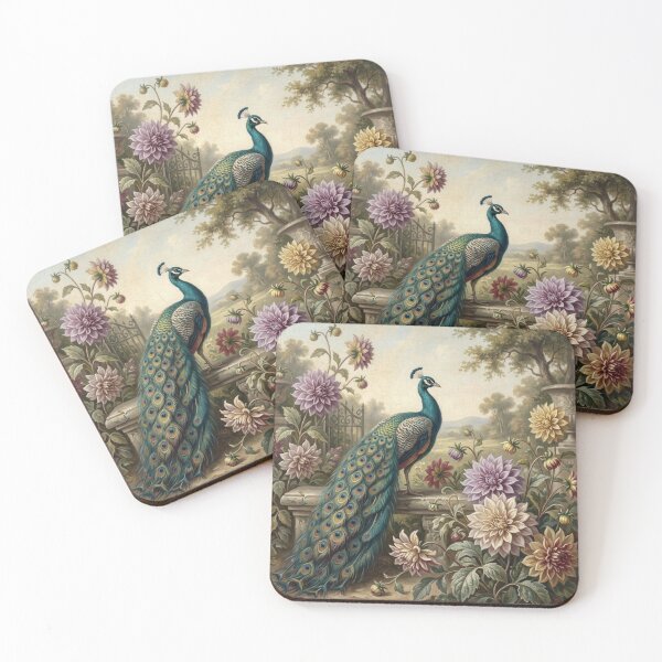 Item preview, Elegant Peacock in Vintage Dahlia Garden Oil Painting designed and sold by Denim Art Studio.