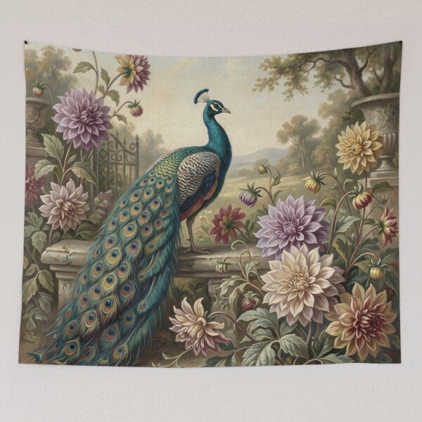 Item preview, Elegant Peacock in Vintage Dahlia Garden Oil Painting designed and sold by Denim Art Studio.