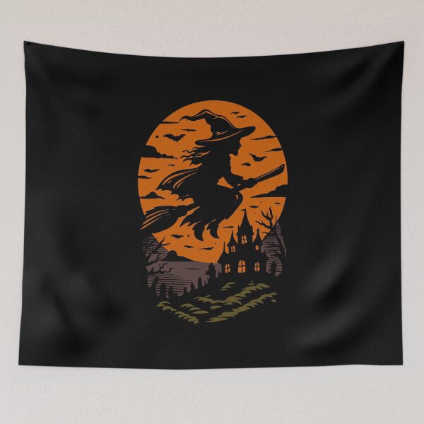 Item preview, Vintage Halloween Witch Flying on Broomstick Moon and Bats Illustration designed and sold by phsycartwork.