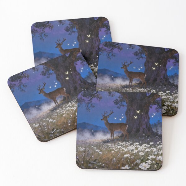 Item preview, Fantasy Deer Moonlit Meadow Landscape with Ancient Tree designed and sold by stylishdzign.