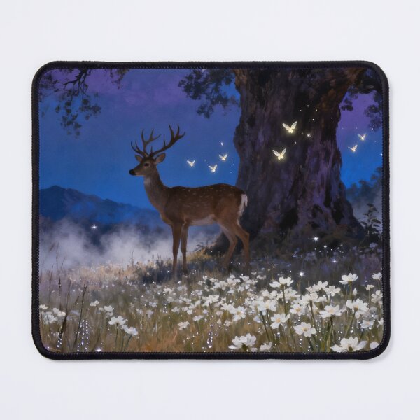 Item preview, Fantasy Deer Moonlit Meadow Landscape with Ancient Tree designed and sold by stylishdzign.
