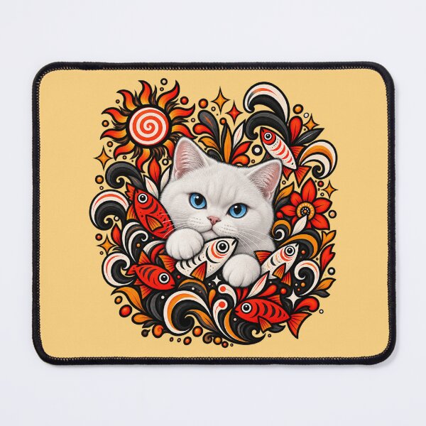 Item preview, White Cat Floral Decor - Fish & Swirls designed and sold by PixelsPaws.