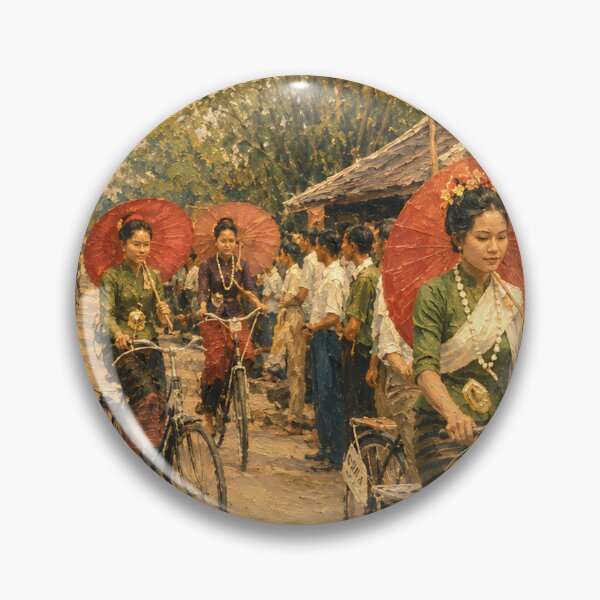 Item preview, Vintage Thai Women Riding Bicycles in Festival Impressionism Painting designed and sold by Koalangel.