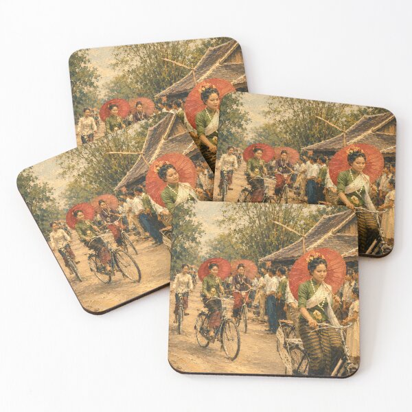 Item preview, Vintage Thai Women Riding Bicycles in Festival Impressionism Painting designed and sold by Koalangel.