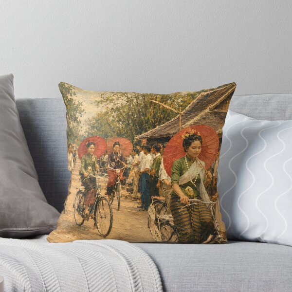 Item preview, Vintage Thai Women Riding Bicycles in Festival Impressionism Painting designed and sold by Koalangel.