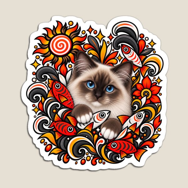 Item preview, Decoración floral con diseño de gato birmano: peces y espirales designed and sold by PixelsPaws.