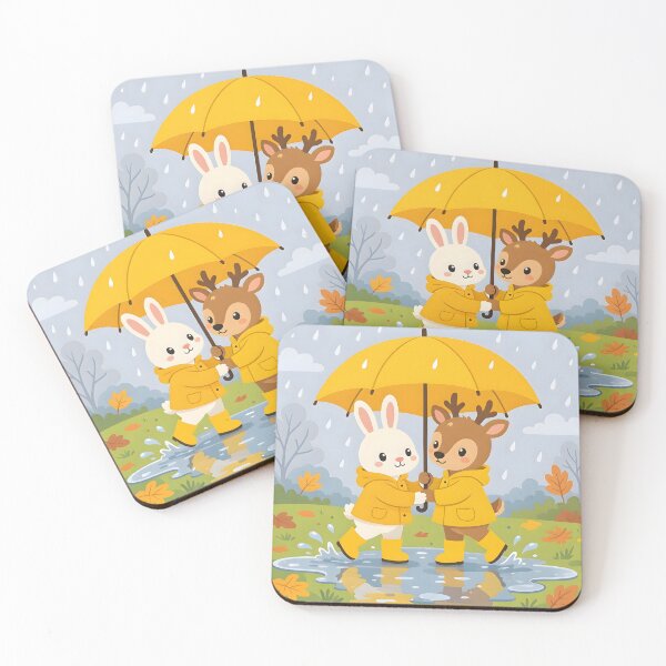 Item preview, Cute Bunny and Deer in Raincoats Under Umbrella Autumn Rain designed and sold by Herodestroyer.
