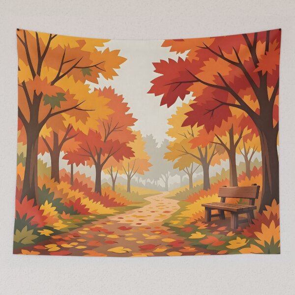 Item preview, Cozy Autumn Forest Path Wooden Bench Fall Leaves designed and sold by Herodestroyer.