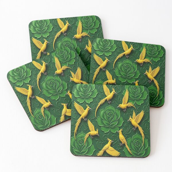 Item preview, 3D Carved Emerald Green Floral with Golden Paradise Birds Seamless Pattern designed and sold by Breezes-of-Ida.
