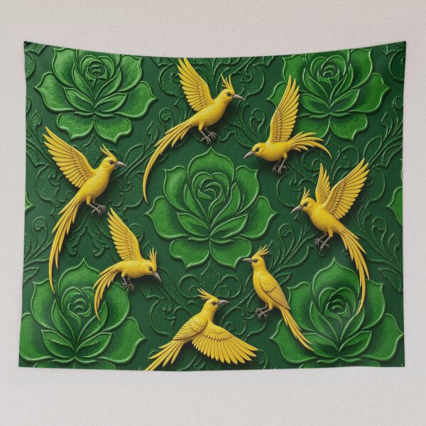 Item preview, 3D Carved Emerald Green Floral with Golden Paradise Birds Seamless Pattern designed and sold by Breezes-of-Ida.
