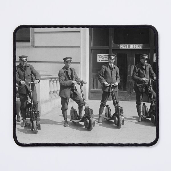 Item preview, Postmen on scooters, c. 1911-17. vintage funny black and white photograph designed and sold by Astrid Arkhangelsky.