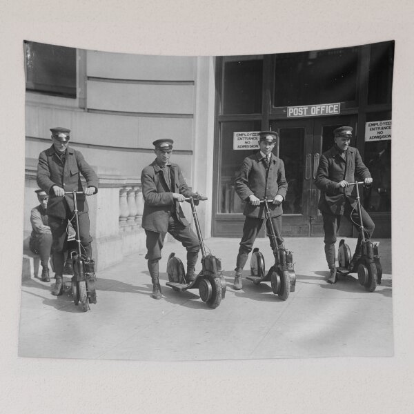 Item preview, Postmen on scooters, c. 1911-17. vintage funny black and white photograph designed and sold by Astrid Arkhangelsky.