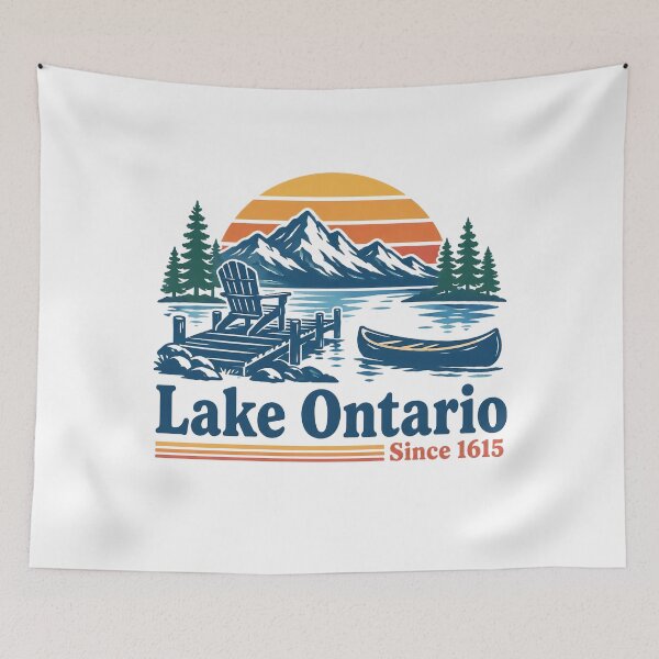 Item preview, Lake Ontario Since 1615, Vintage Great Lakes Sunset, Lake Life Canoe & Mountain designed and sold by CatiaStudioArt.