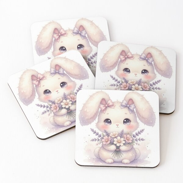 Item preview, Cute Bunny with Flower Bouquet Watercolor Art designed and sold by HappyOops.