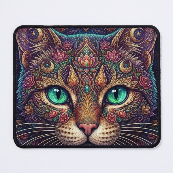 Item preview, Celestial Floral Cat Mandala Intricate Emerald Eye Feline Artwork designed and sold by Mindworx21.