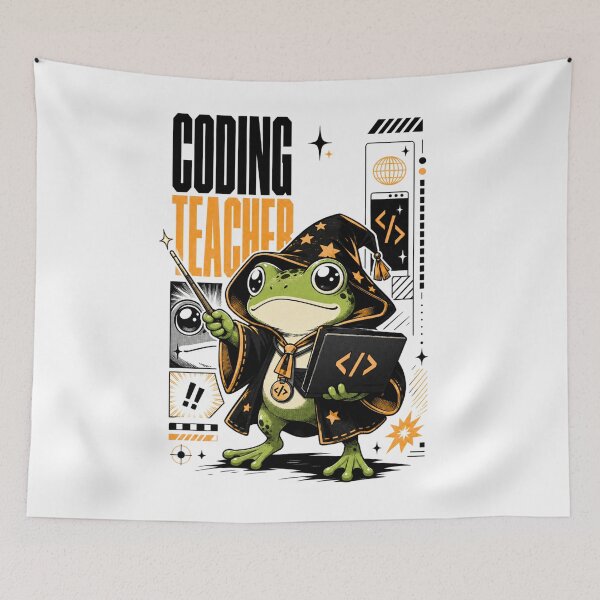 Item preview, Coding Teacher Frog Wizard Graphic Poster T-Shirt | Cute Computer Science Professor Toad Laptop Wand STEM Teacher Gift Orange Black Anime Art designed and sold by illeN-Art-World.