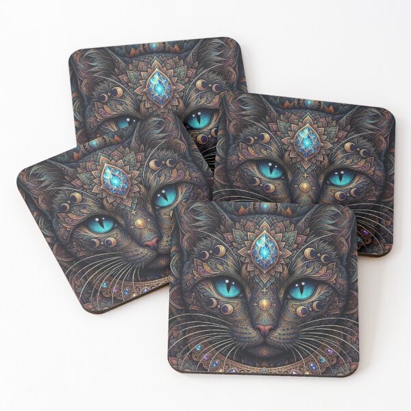Item preview, Cosmic Crystal Cat Mandala Intricate Sapphire Eye Feline Artwork designed and sold by Mindworx21.