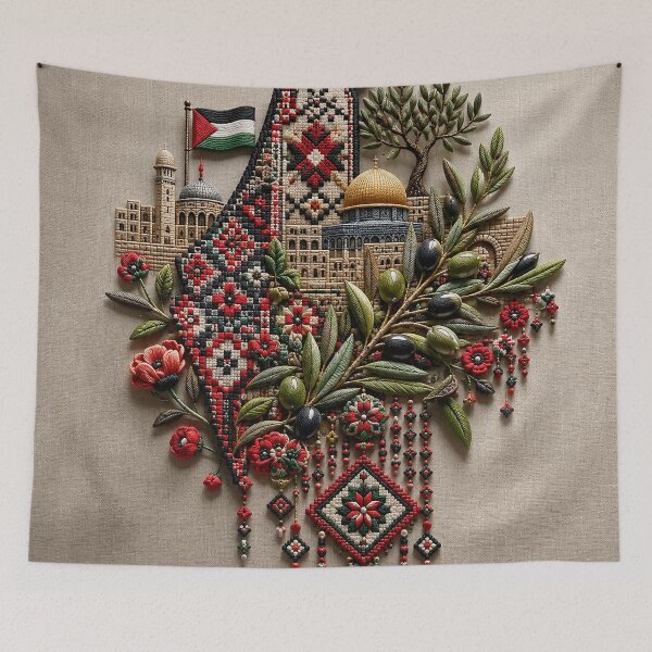 Item preview, Palestinian Tatreez Heritage Composition – Olive Branch and Traditional Embroidery Art designed and sold by BrainCurves.