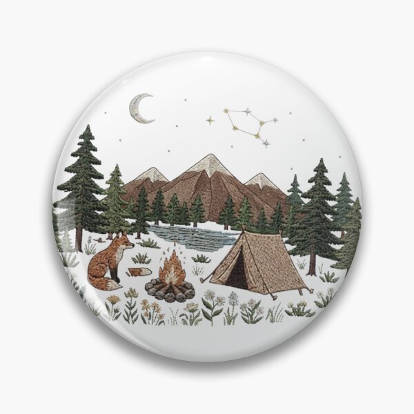 Item preview, Embroidered Wilderness Camping Scene with Fox, Tent, Campfire, and Constellation designed and sold by CreativeNest Prints.