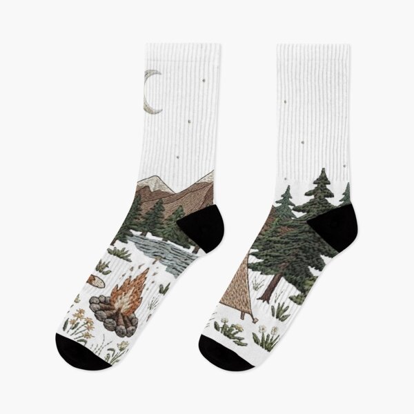 Item preview, Embroidered Wilderness Camping Scene with Fox, Tent, Campfire, and Constellation designed and sold by CreativeNest Prints.