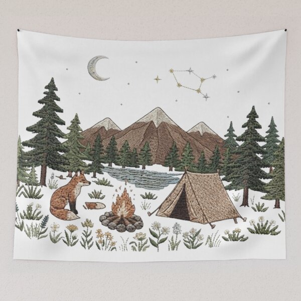 Item preview, Embroidered Wilderness Camping Scene with Fox, Tent, Campfire, and Constellation designed and sold by CreativeNest Prints.