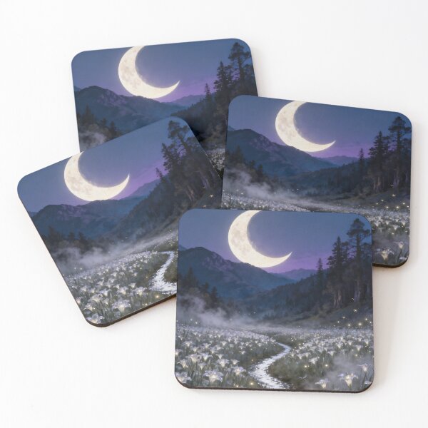 Item preview, Fantasy Crescent Moon Valley Stream Night Landscape designed and sold by stylishdzign.