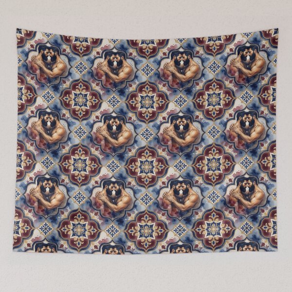 Item preview, Bearded Men in Love Vintage Portuguese Tile Pattern – Gay Pride Art designed and sold by ZhivanCrimson.