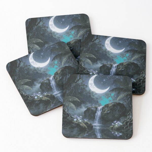 Item preview, Fantasy Crescent Moon Waterfall Forest Landscape designed and sold by stylishdzign.