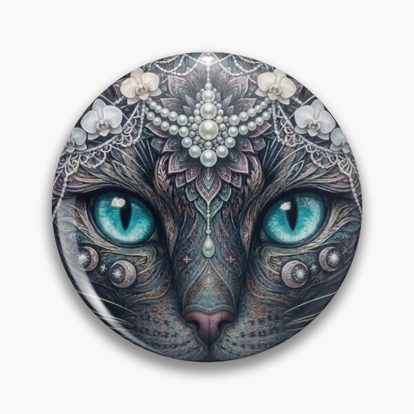 Item preview, Pearl Crowned Silver Cat Mandala Intricate Aqua Eye Feline Artwork designed and sold by Mindworx21.