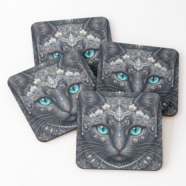 Item preview, Pearl Crowned Silver Cat Mandala Intricate Aqua Eye Feline Artwork designed and sold by Mindworx21.