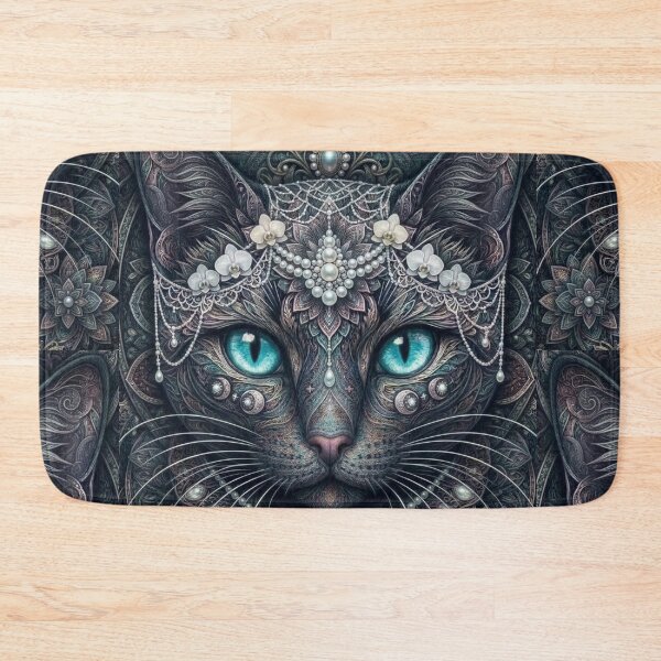 Item preview, Pearl Crowned Silver Cat Mandala Intricate Aqua Eye Feline Artwork designed and sold by Mindworx21.