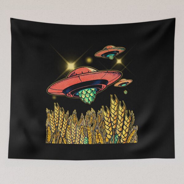 Item preview, UFO Hops and Barley Field - Retro Craft Beer Alien Art designed and sold by pulse_retail.