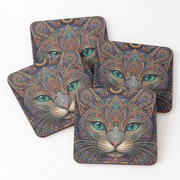Item preview, Vibrant Celestial Cat Mandala Intricate Emerald Eye Feline Artwork designed and sold by Mindworx21.