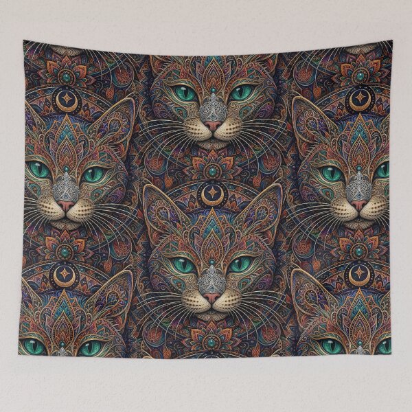 Item preview, Vibrant Celestial Cat Mandala Intricate Emerald Eye Feline Artwork designed and sold by Mindworx21.