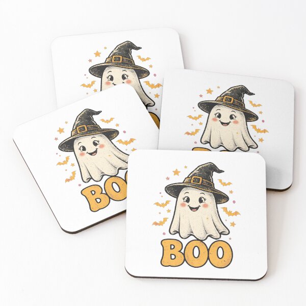 Item preview, Retro cute ghost in witch hat with "BOO" in chunky vintage distressed style, plus little bats and stars. designed and sold by Trendnextstore.
