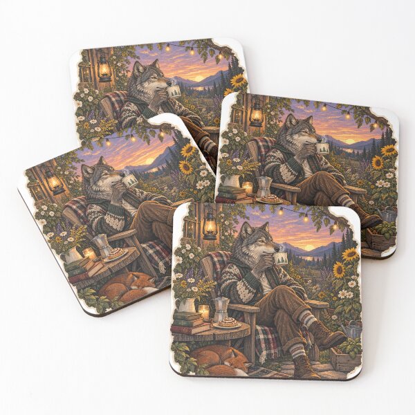 Item preview, Cozy Cottagecore Wolf Drinking Coffee at Sunset Cabin Porch designed and sold by Neurospicy Trolls.