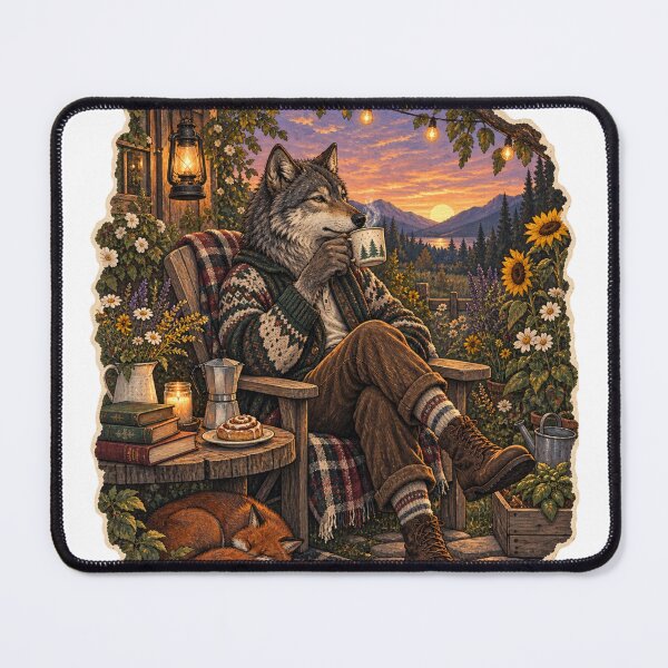Item preview, Cozy Cottagecore Wolf Drinking Coffee at Sunset Cabin Porch designed and sold by Neurospicy Trolls.