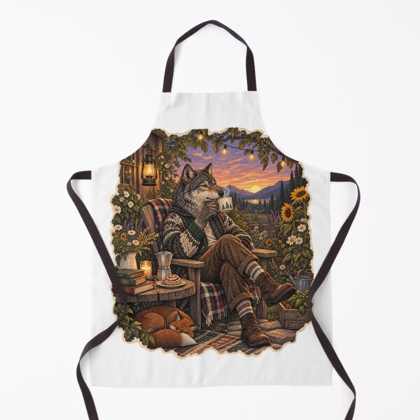 Item preview, Cozy Cottagecore Wolf Drinking Coffee at Sunset Cabin Porch designed and sold by Neurospicy Trolls.