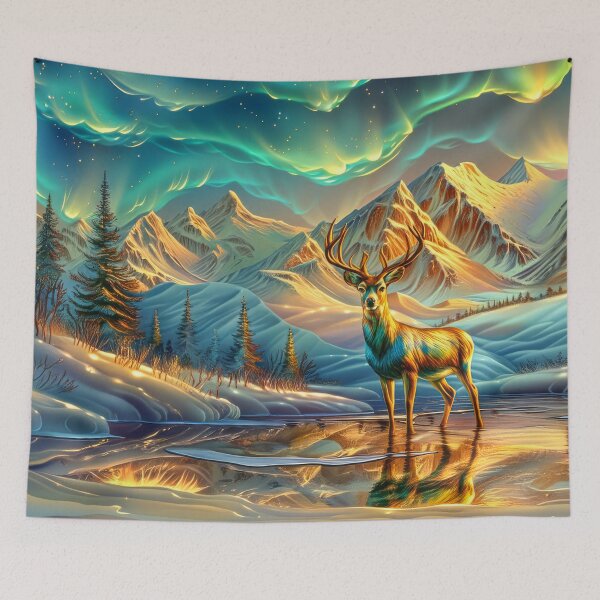 Item preview, Deer Beneath the Northern Lights – Snowy Mountain Winter Forest designed and sold by MargaretWiktor.