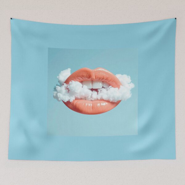 Item preview, Surreal Pink Glossy Lips Floating In Clouds Dreamy Lip Art designed and sold by OksArtStudio.