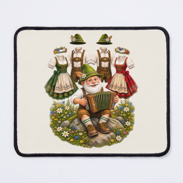 Item preview, Happy Bavarian Gnome Playing Accordion While Dancing Folk Costumes Celebrate in an Alpine Meadow designed and sold by Alpine-Ink.