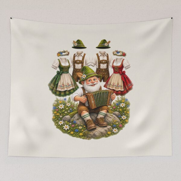 Item preview, Happy Bavarian Gnome Playing Accordion While Dancing Folk Costumes Celebrate in an Alpine Meadow designed and sold by Alpine-Ink.