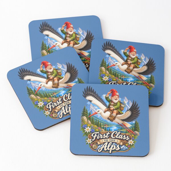 Item preview, First Class to the Alps – Funny Gnome Riding a Stork | Vintage Alpine Adventure. designed and sold by Alpine-Ink.