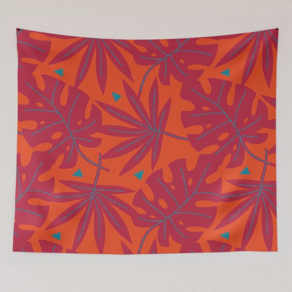 Item preview, Tropical Leaves Monstera Leaf Seamless Repeating Pattern Fuchsia on Tangerine Orange designed and sold by Itaya Art.