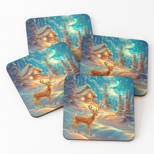 Item preview, Deer Beneath the Northern Lights – Snowy Mountains, Cottages at Sunset | Fantasy Winter Scenery designed and sold by MargaretWiktor.