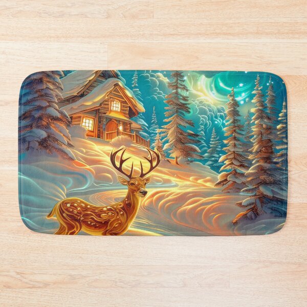 Item preview, Deer Beneath the Northern Lights – Snowy Mountains, Cottages at Sunset | Fantasy Winter Scenery designed and sold by MargaretWiktor.