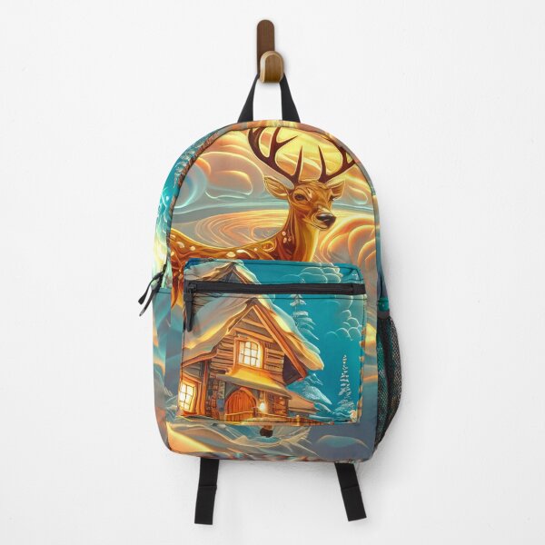 Item preview, Deer Beneath the Northern Lights – Snowy Mountains, Cottages at Sunset | Fantasy Winter Scenery designed and sold by MargaretWiktor.
