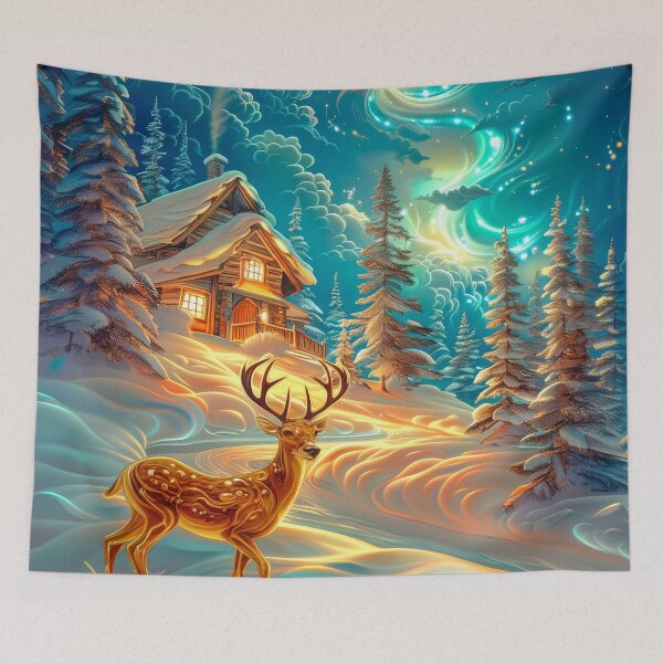 Item preview, Deer Beneath the Northern Lights – Snowy Mountains, Cottages at Sunset | Fantasy Winter Scenery designed and sold by MargaretWiktor.