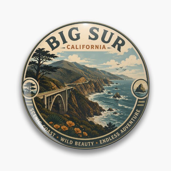 Artikelvorschau, Illustration von Big Sur, Kalifornien – Reisekunst-Abzeichen entworfen und verkauft von KrisSidDesigns.